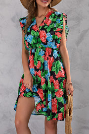 Summer flower waist ruffled sleeveless dress