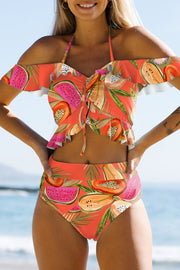 Printed Ruffled Drawstring Off-shoulder Bikini