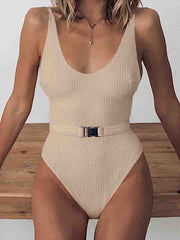 Belt Design Solid One-piece Swimsuit