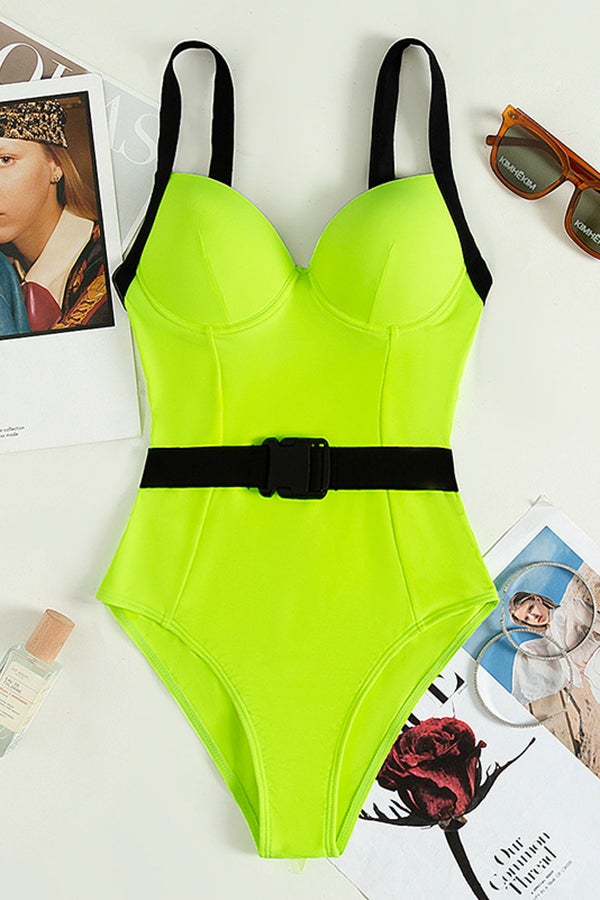 Solid Color Belt Detachable One-piece Swimsuit