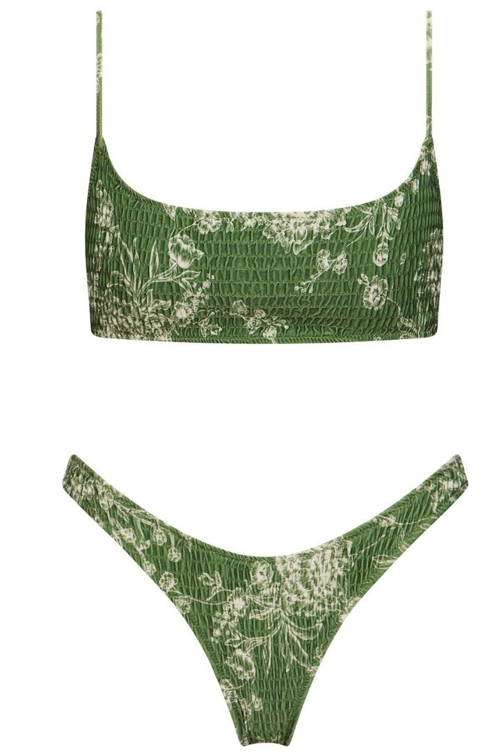 Bandeau Floral Print Patchwork High-cut Bikini Set (3 Colors)
