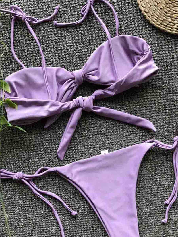 Spaghetti Strap Knot Design Purple Two Pieces Swimsuit