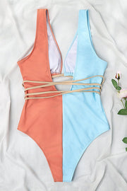 Stitching Hollow Contrast Color Strap One-piece Swimsuit