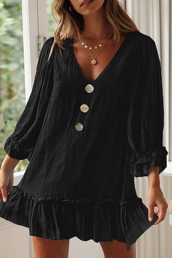 Loose Long Sleeve Ruffle Hem Cotton Linen Dress