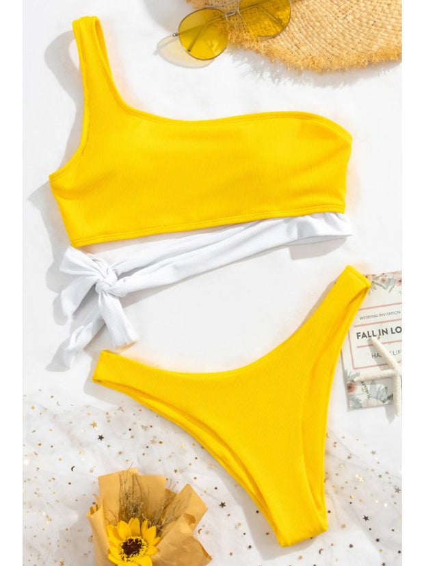 One Shoulder Bandage Design Yellow Bikini Set