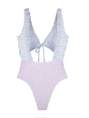 Floral Print Hollow Lace-Up One-Piece Swimwear