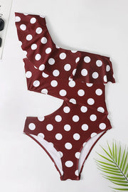 One-shoulder Ruffled Polka Dot One-piece Swimsuit