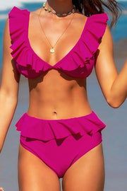 Solid Color Ruffled V-neck Bikini