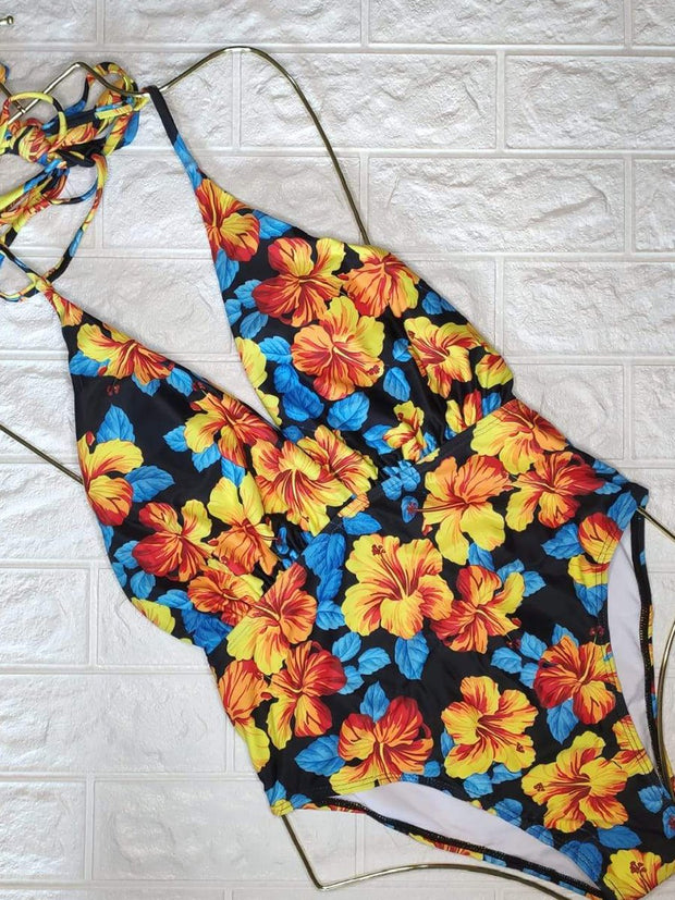 Strap Yellow Flower One-piece Swimsuit