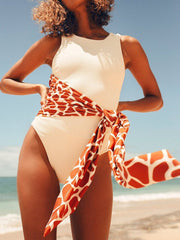 Leopard Belt Design Solid One-piece Swimsuit (2 Colors)