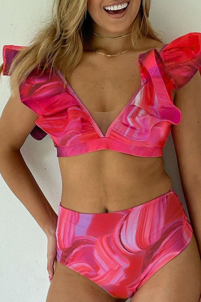 Abstract Print V-neck Ruffle Bikini