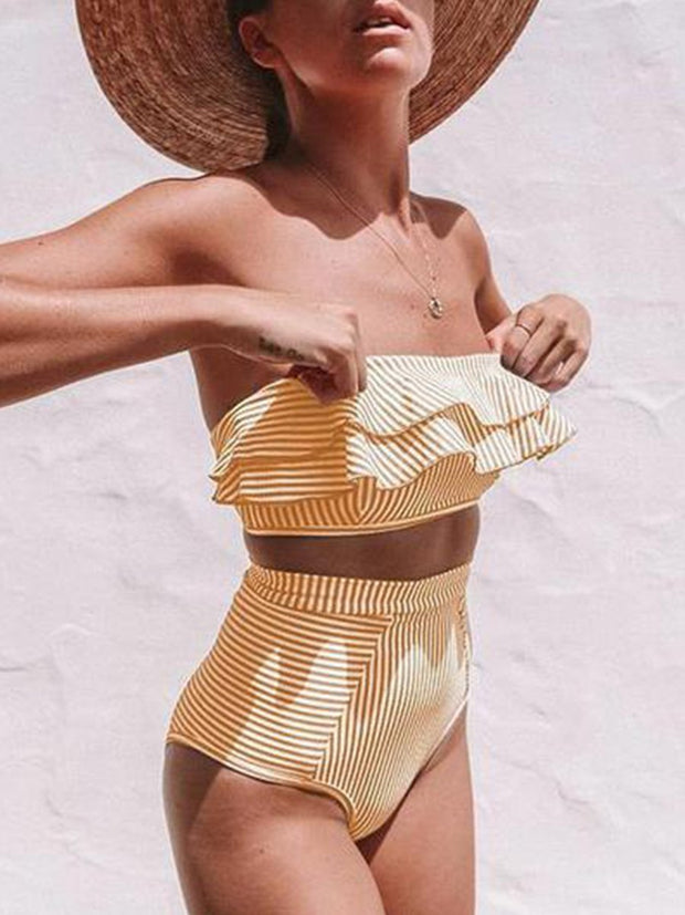 Flounce Sleeve Bandeau Stripe Swimsuit