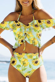 Printed Ruffled Drawstring Off-shoulder Bikini