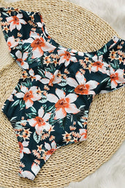 Off-Shoulder Ruffle Print One-Piece Swimsuit