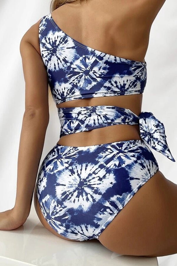 One-shoulder Tie-dye Lace-up Swimsuit