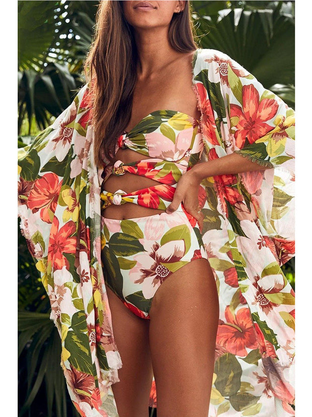 Floral Print Knot Design Orange One-piece Swimsuit