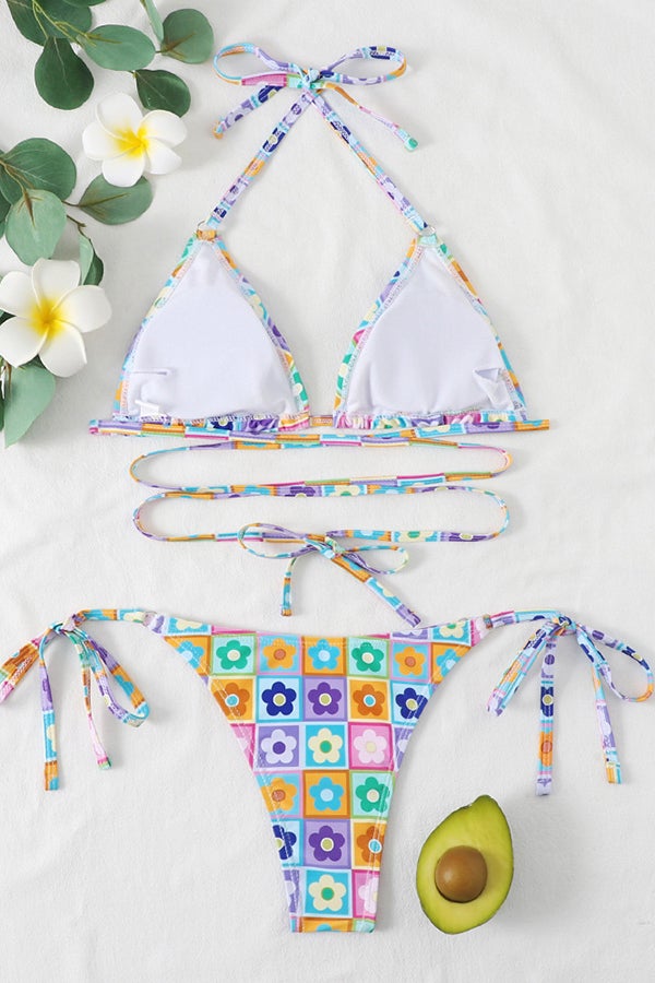 Lace-up Contrast Sun Flower Print Bikini