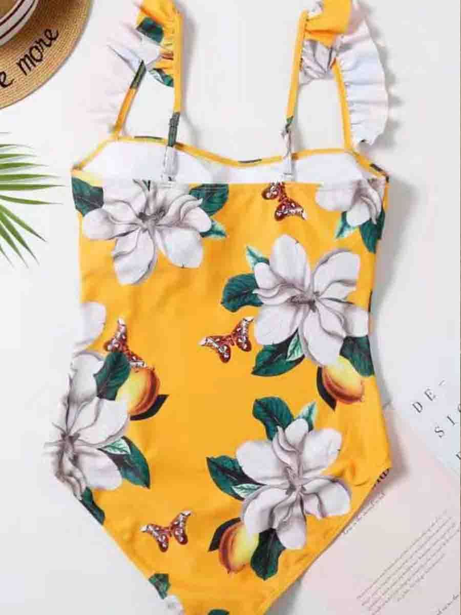Flounce Design Floral Print Yellow One-piece Swimsuit