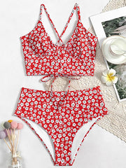 Floral Print Red Two Pieces Swimsuit