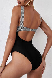 Striped Stitching Solid Color Lace One-piece Swimsuit