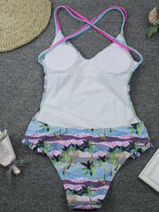 One Piece Swimsuit With Lace Printing Ribbon