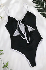 Pure Color Knotted Hollow One-piece Swimsuit