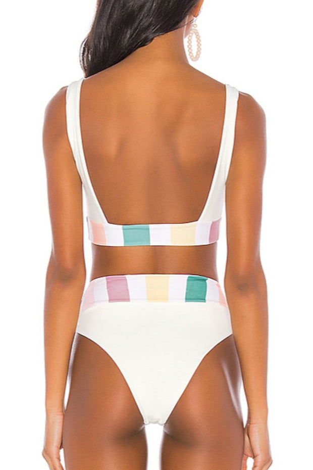 Bandeau Color-lump Patchwork White Bikini Set