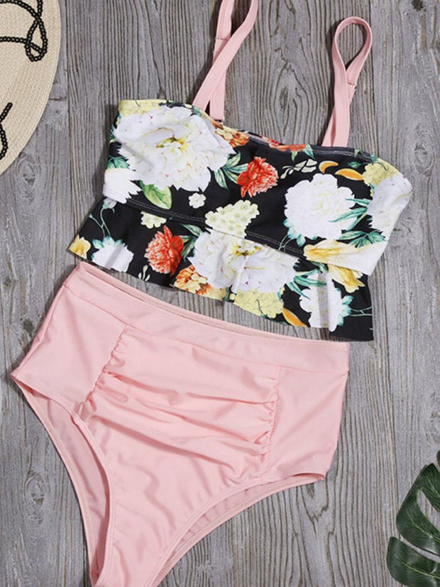 Floral Printed Pink Two Pieces Swimsuit