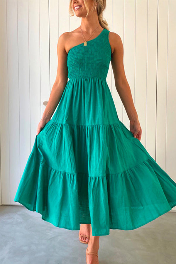 One Shoulder Sleeveless Smocked Ruffle Tiered Maxi Dress