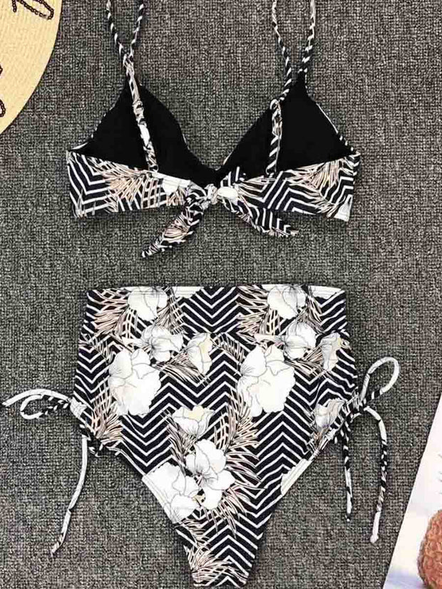 Striped Floral Print Two pieces Black Swimsuit