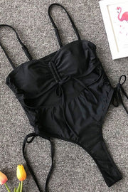 Solid Color Drawstring Cutout Swimsuit