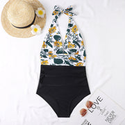 Deep V Open Back Leaf Print One-piece Swimsuit