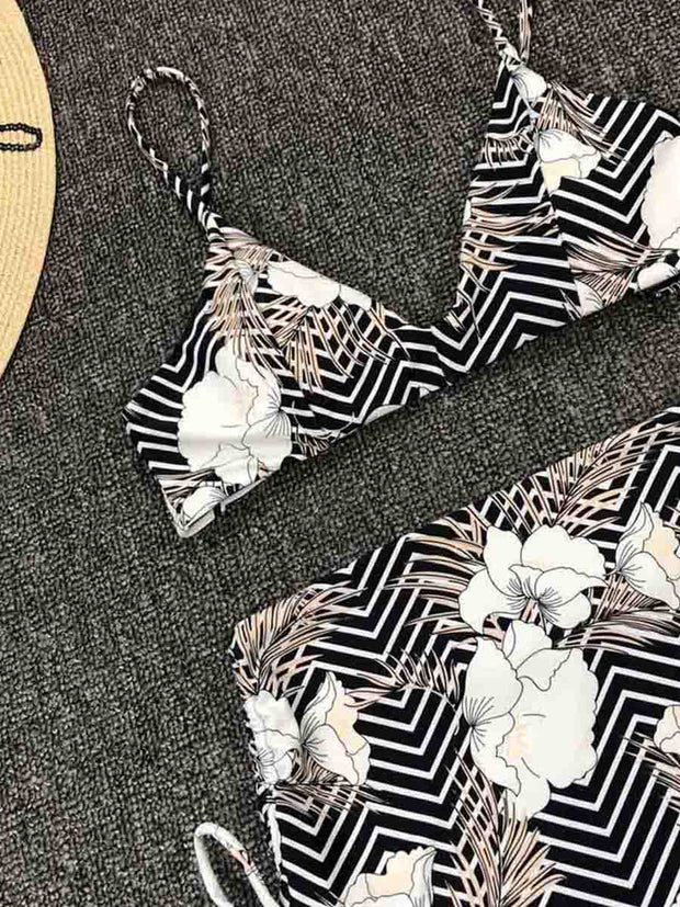 Striped Floral Print Two pieces Black Swimsuit