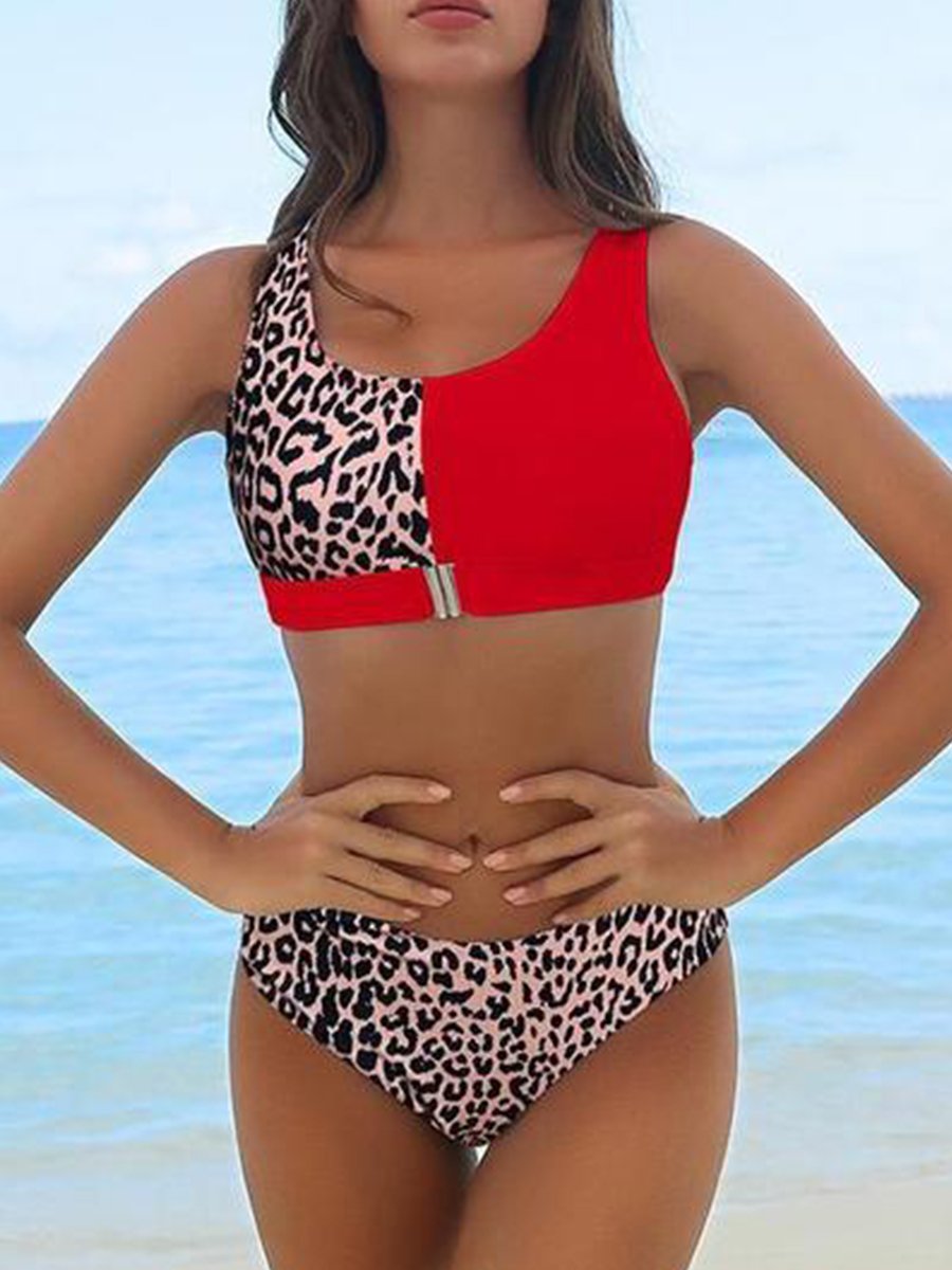 Leopard Floral Patchwork Zipper Bikini Set