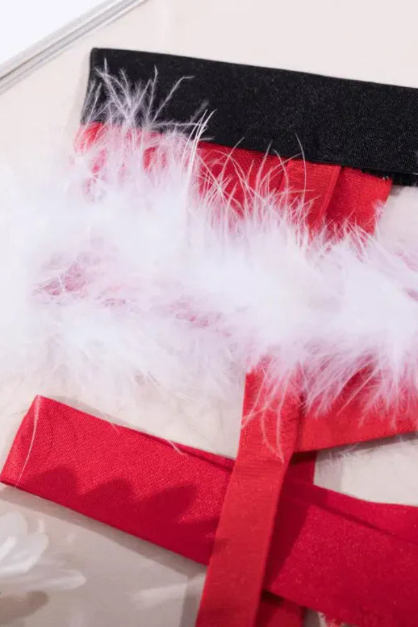 Christmas Fuzzy Trim Pom Pom Decor Garter Lingerie Set