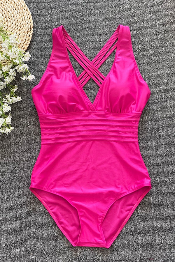 Solid Color Open Back Three-dimensional Striped One-piece Swimsuit