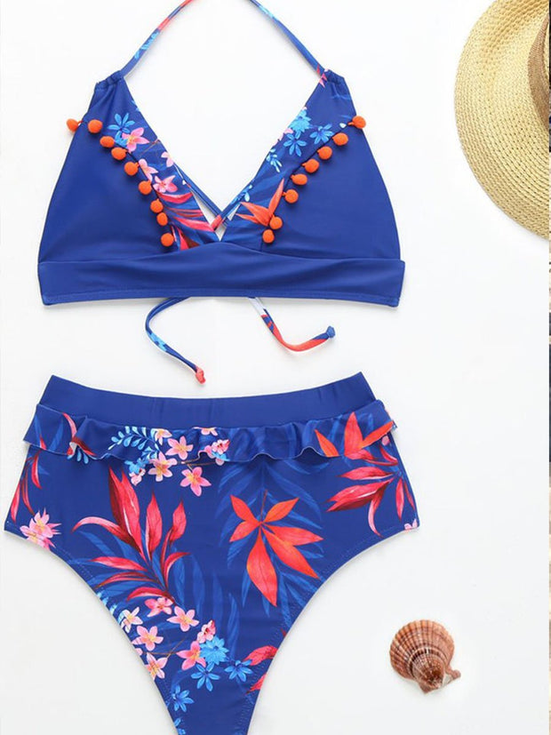 Floral Printed Blue Two Pieces Swimsuit