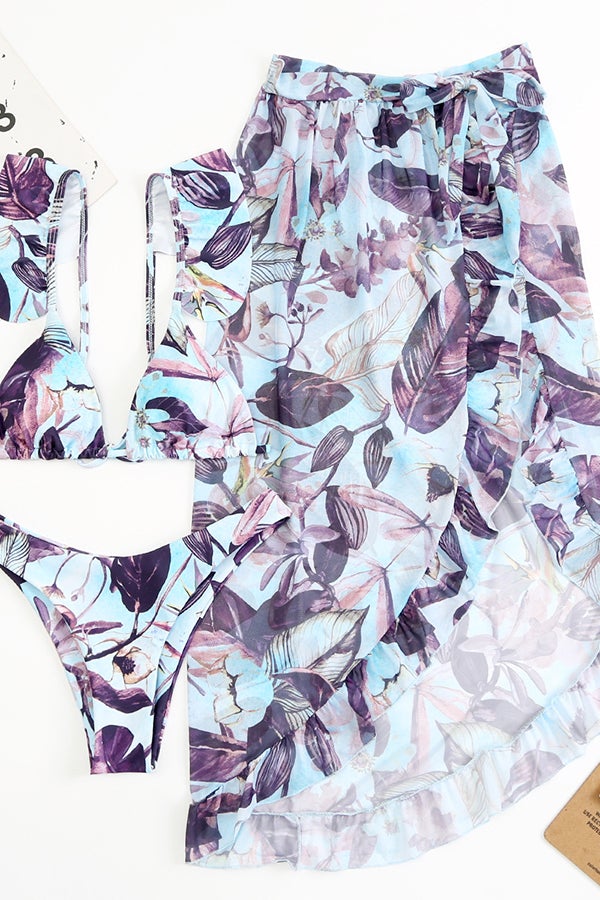 Three-piece Bikini With Leaf Print Mesh Lace