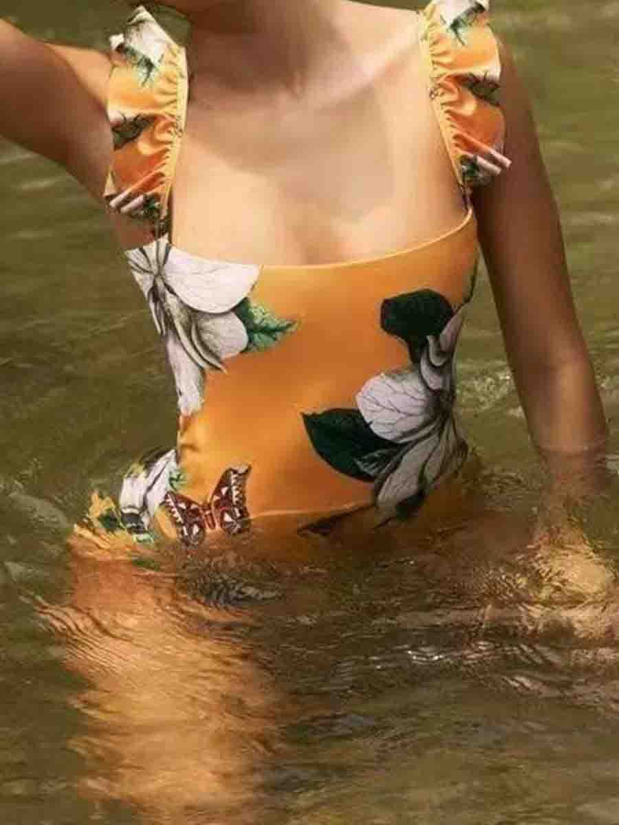 Flounce Design Floral Print Yellow One-piece Swimsuit