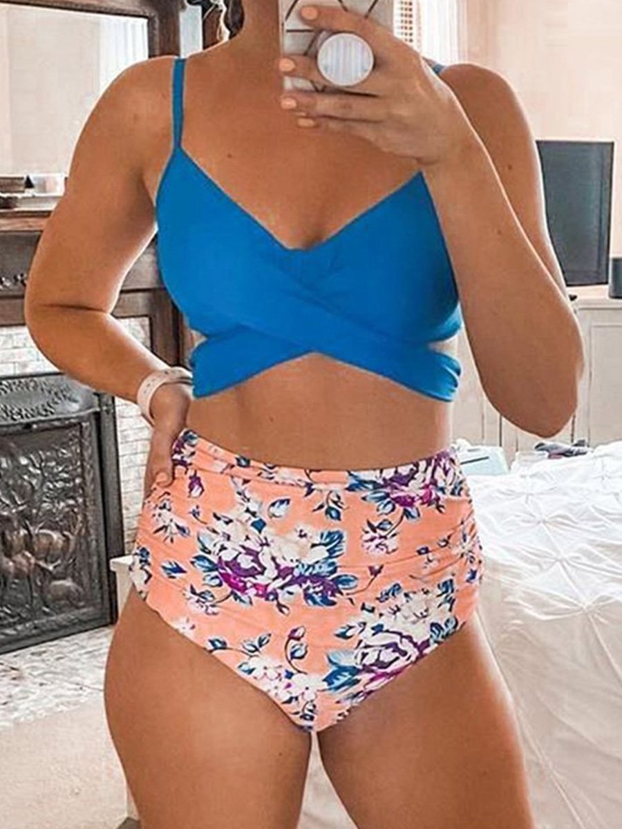 High Waist Criss Cross Floral Print Two pieces Swimsuit