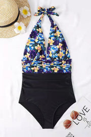 Deep V Open Back Leaf Print One-piece Swimsuit