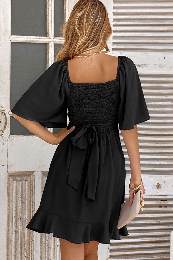 V-neck solid color waist ruffled summer dress