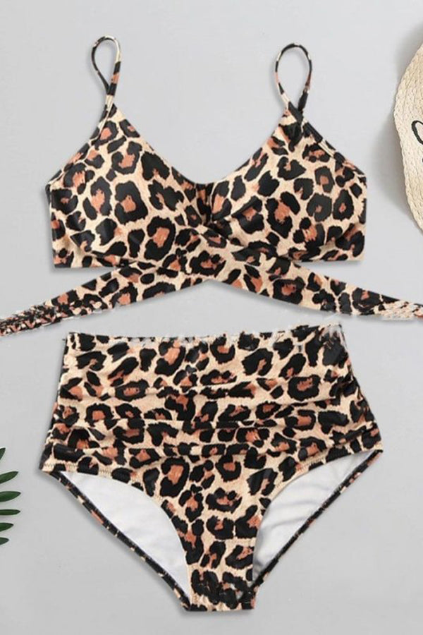 High Waist Crossover Leopard Bikini