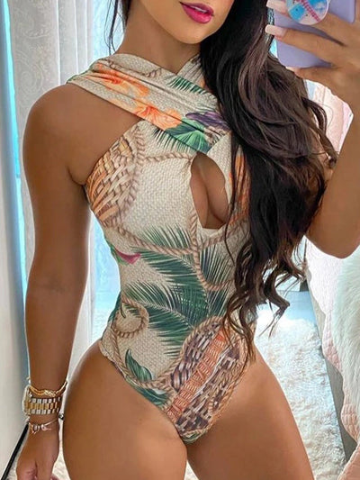 Halter Cutout Front Tropical Print One Piece Swimsuit