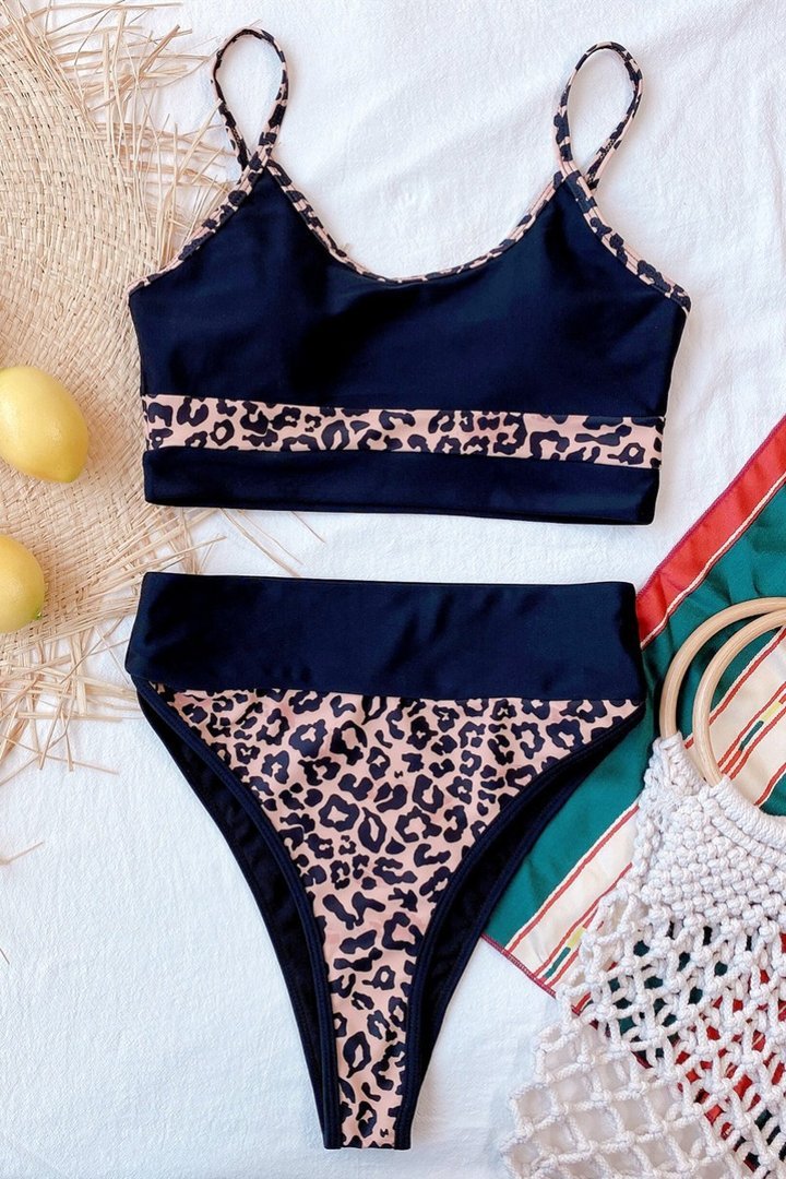 Bandeau Leopard Printed Patchwork Bikini Set