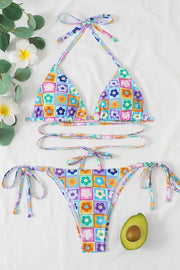 Lace-up Contrast Sun Flower Print Bikini