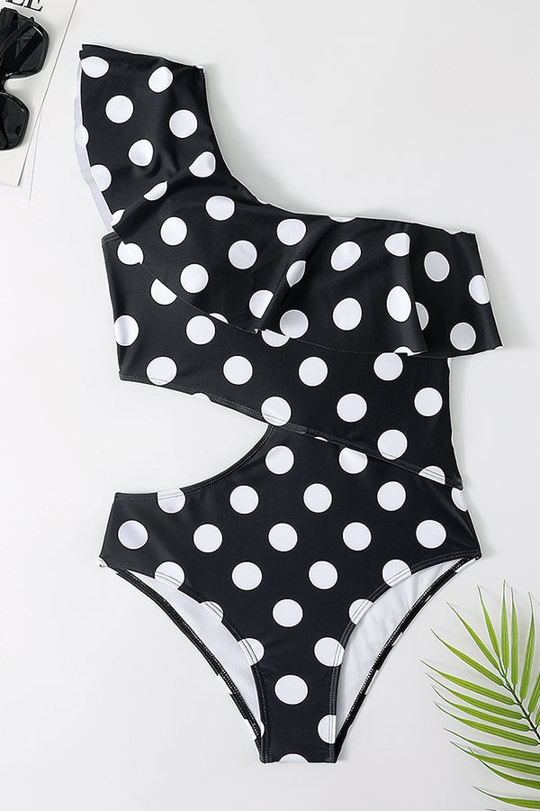 One-shoulder Ruffled Polka Dot One-piece Swimsuit