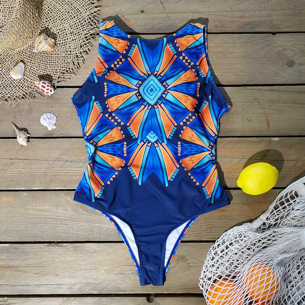 Round Neck Ethnic Print Open Back One-piece Swimsuit