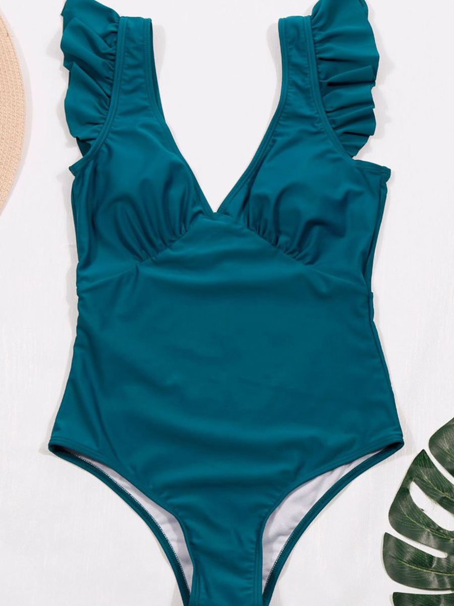 Flounce Design Blue One-piece Swimsuit