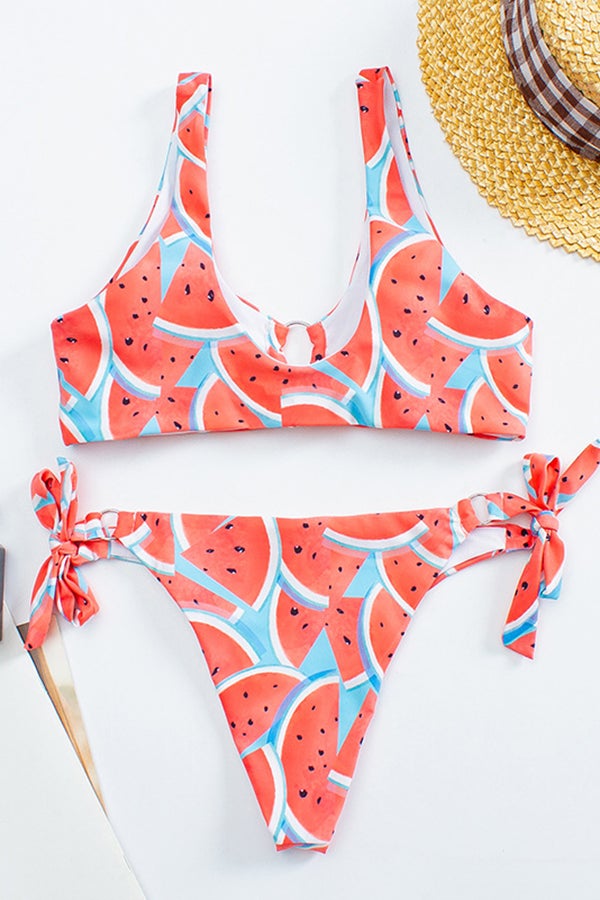 Watermelon Print Ring Hollow Bikini